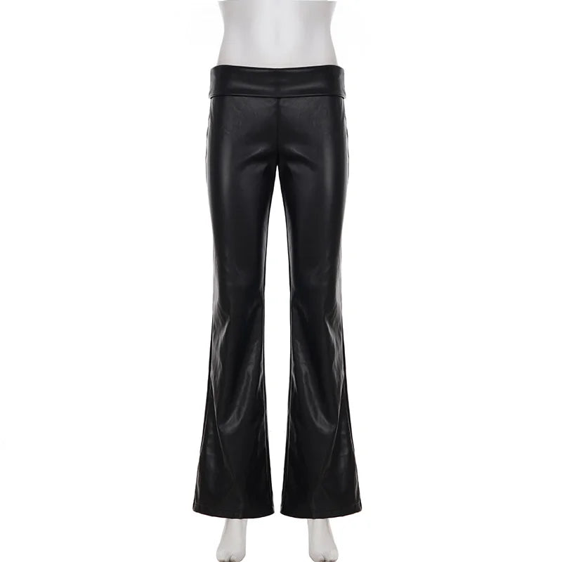SUCHCUTE Chic Black PU Leather Pants Women Vintage Sexy Low Waist Trousers Y2k Streetwear Club Party Bottom All Match Clothes