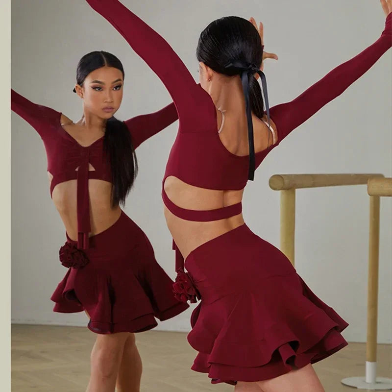 Kids Latin Dance Clothes for Girls Long SLeeves Short Top Skirt Rumba Samba Performance Competition Dress Burgundy Dress Suit