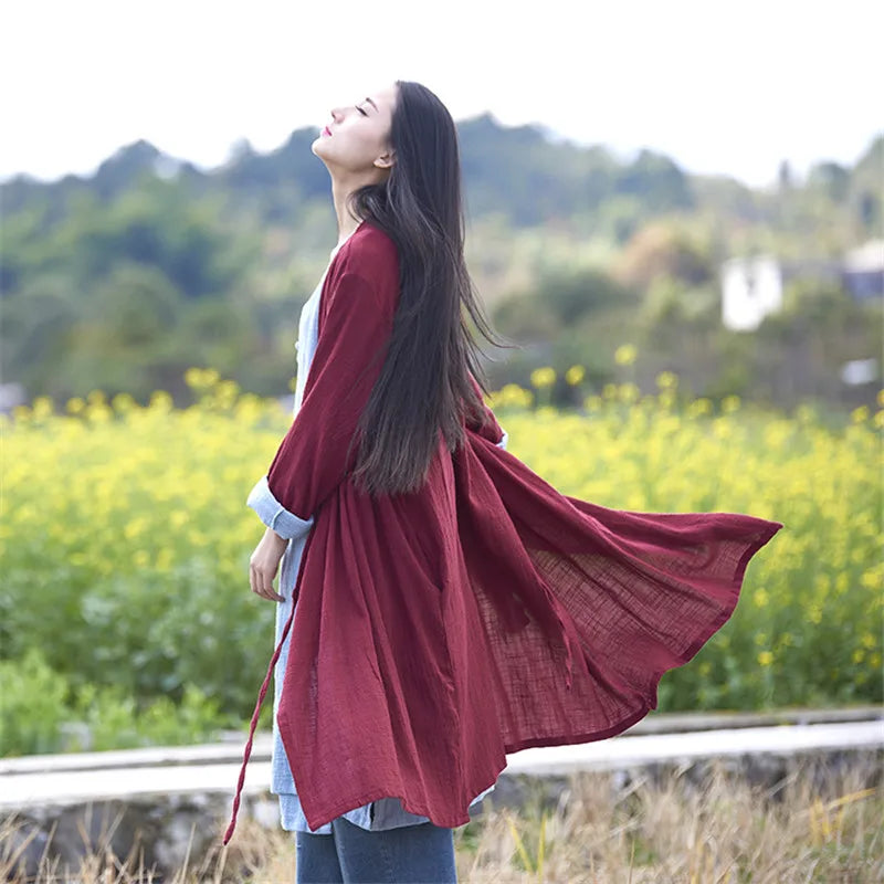 Johnature 2025 New Women's Coat Autumn Summer Cotton Linen Vintage Soft Full Sleeve Women's Lacing Plus Solid Coat