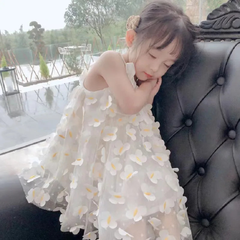 Summer Toddler Dresses Cute Flower Princess Dress Female Baby Butterfly Appliques Dress Children Mesh Bow Kids White Costume