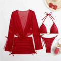 Brown Halter String Triangle Bikinis Sets 4 Piece Mesh Smock Cover Ups Swimwear Metal Ring Sexy Swimsuit Women Beachwear Biquini