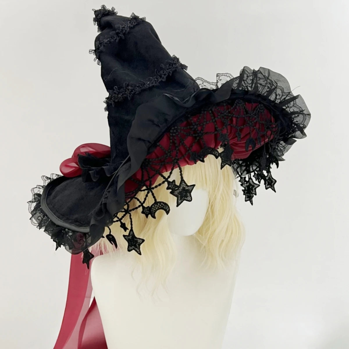 Harajuku Halloween Witch Hat  Women’s Girls Gothic Handmade Bowknot Fleece Lace Lolita Ladies Wizard Hat