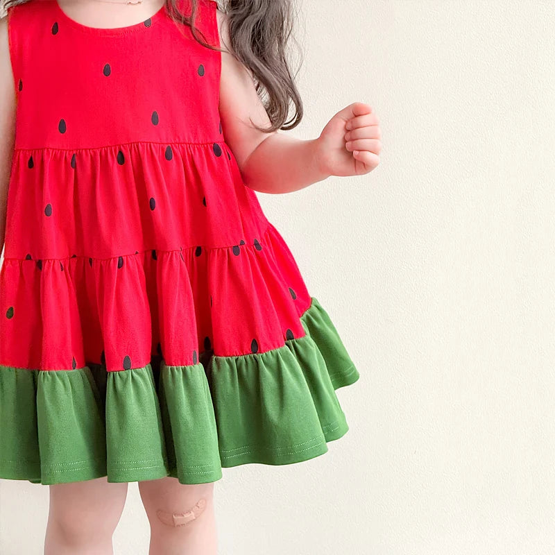 Little Girls Dress Kids Classic A-Line Dress With Watermelon Design Child Summer Sleeveless Dress Baby Girls Outfit Size 2-11Y