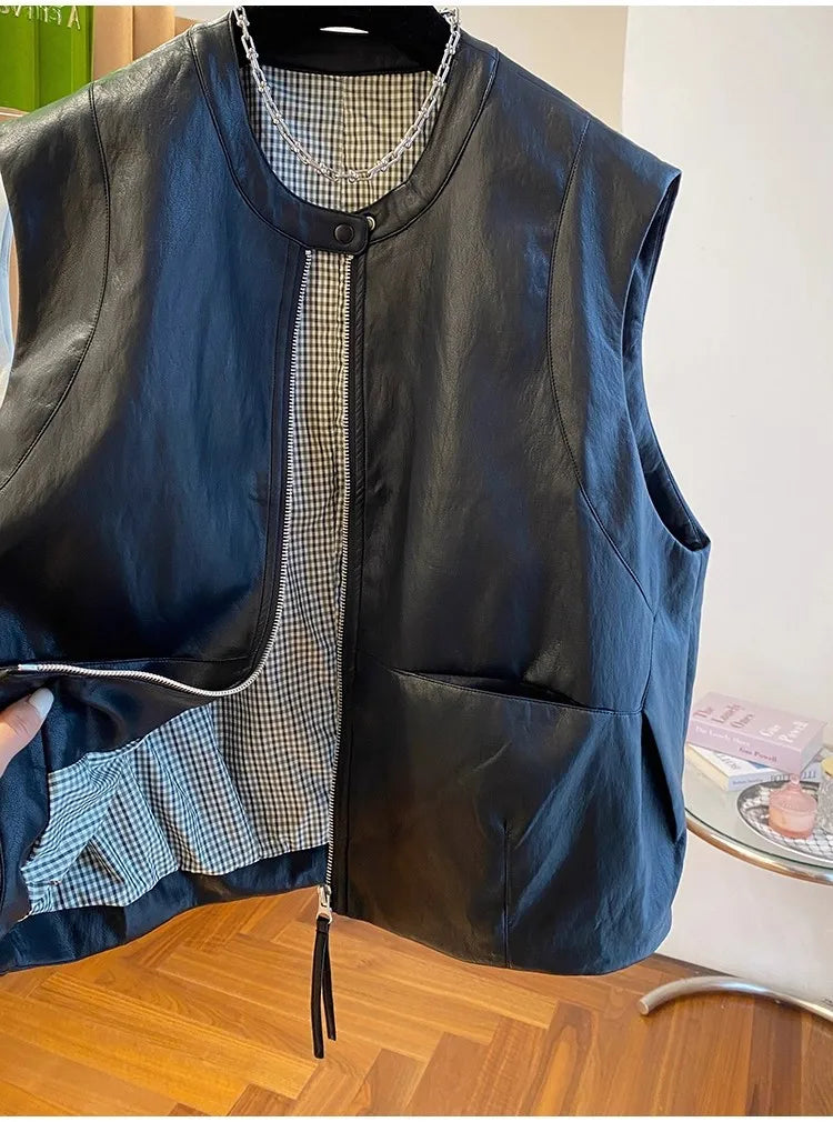 Pu Leather Vest Jacket Women's Spring and Autumn Loose Sleeveless Vests  Waistcoat Tops Casual Women Coat