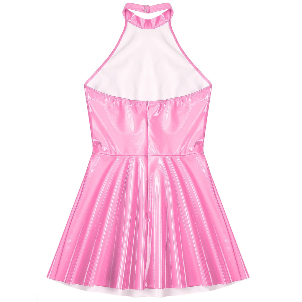Women Wetlook Patent Leather Dress Sleeveless Sexy Halter Minidress Nightclub Party Pole Dancing Performance Dancewear Clubwear