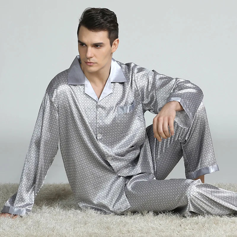 Pajamas Set Men's Home Clothes Long Sleeve Shirt&pants Male Satin Print Nightwear Casual Trousers Suit Spring Summer Loungewear