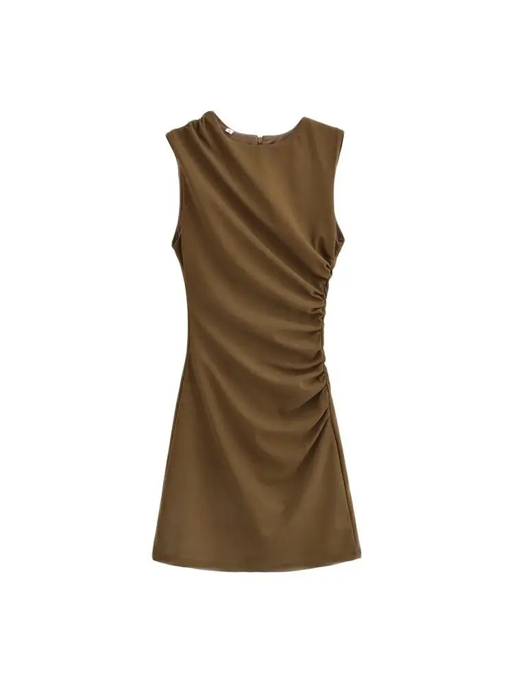 Women's Draped Mini Dress, O Neck, Sleeveless, Back Zipper, Female Dresses, Sexy Fashion