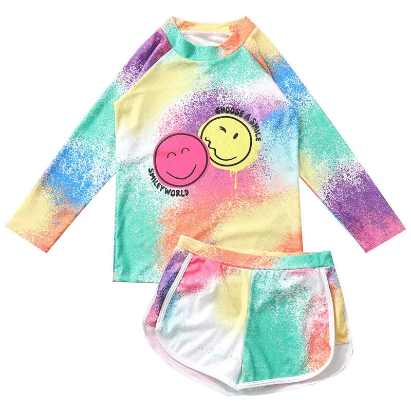 Girls Swimsuit Fashion Split Two-piece Swimwear Sets for Kids Sunscreen Quick Dry Long Sleeve Swimming Suits Teen Beach Clothing