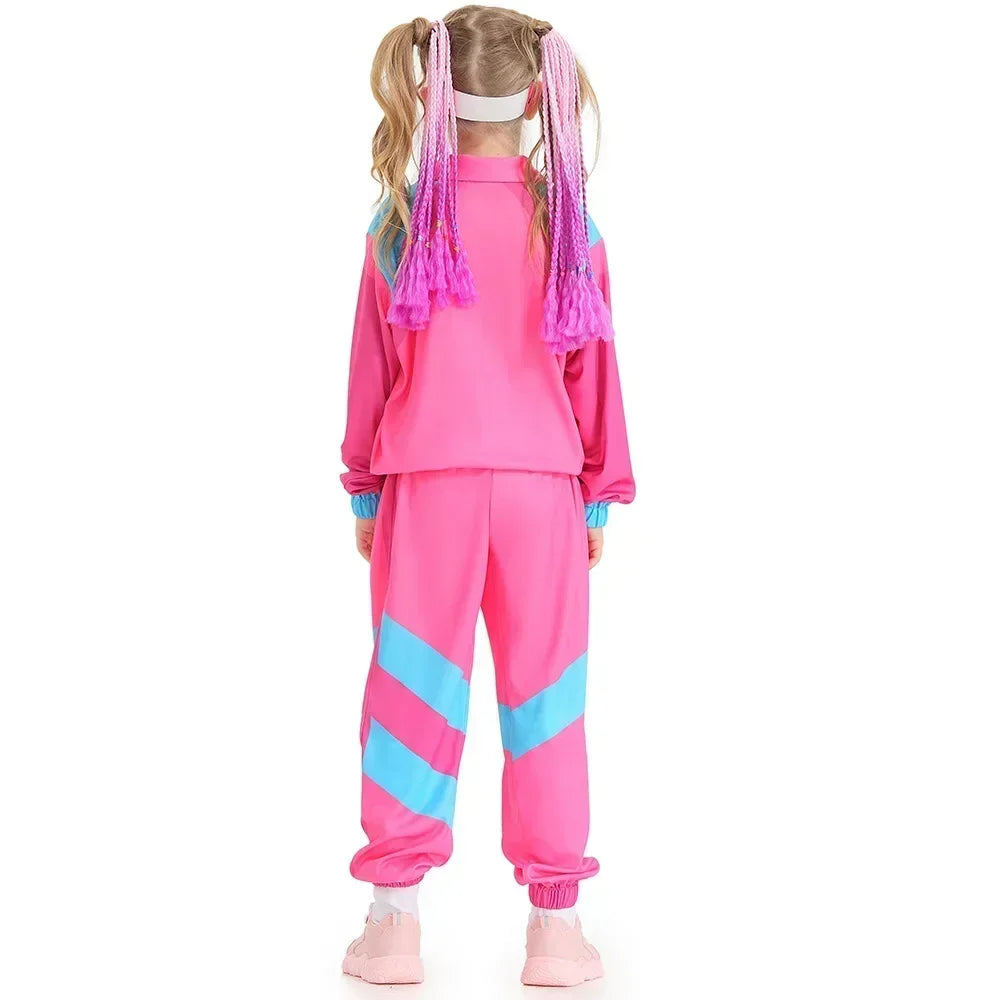 Kids Boys and Girls 80s 90s Sportswear Suit Retro Disco Hip Hop Costume Fashion Patchwork Long Sleeve Zipper Coat Trousers Suit
