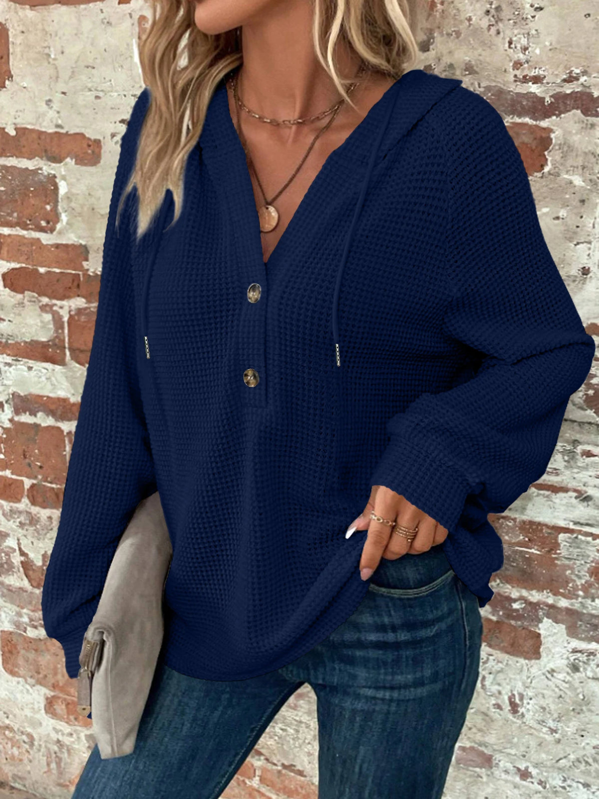 Women's Solid Color Hooded Button Loose Long Sleeved Hoodie Autumn/Winter 2023 Fashion Comfortable Casual Sweatshirt