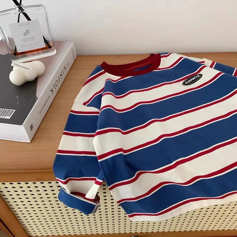 2026 Fashion Stylish Boys' Striped Sweatshirt Comfortable Long Sleeve Top for Spring & Autumn Casual Base Layer Shirt Kids