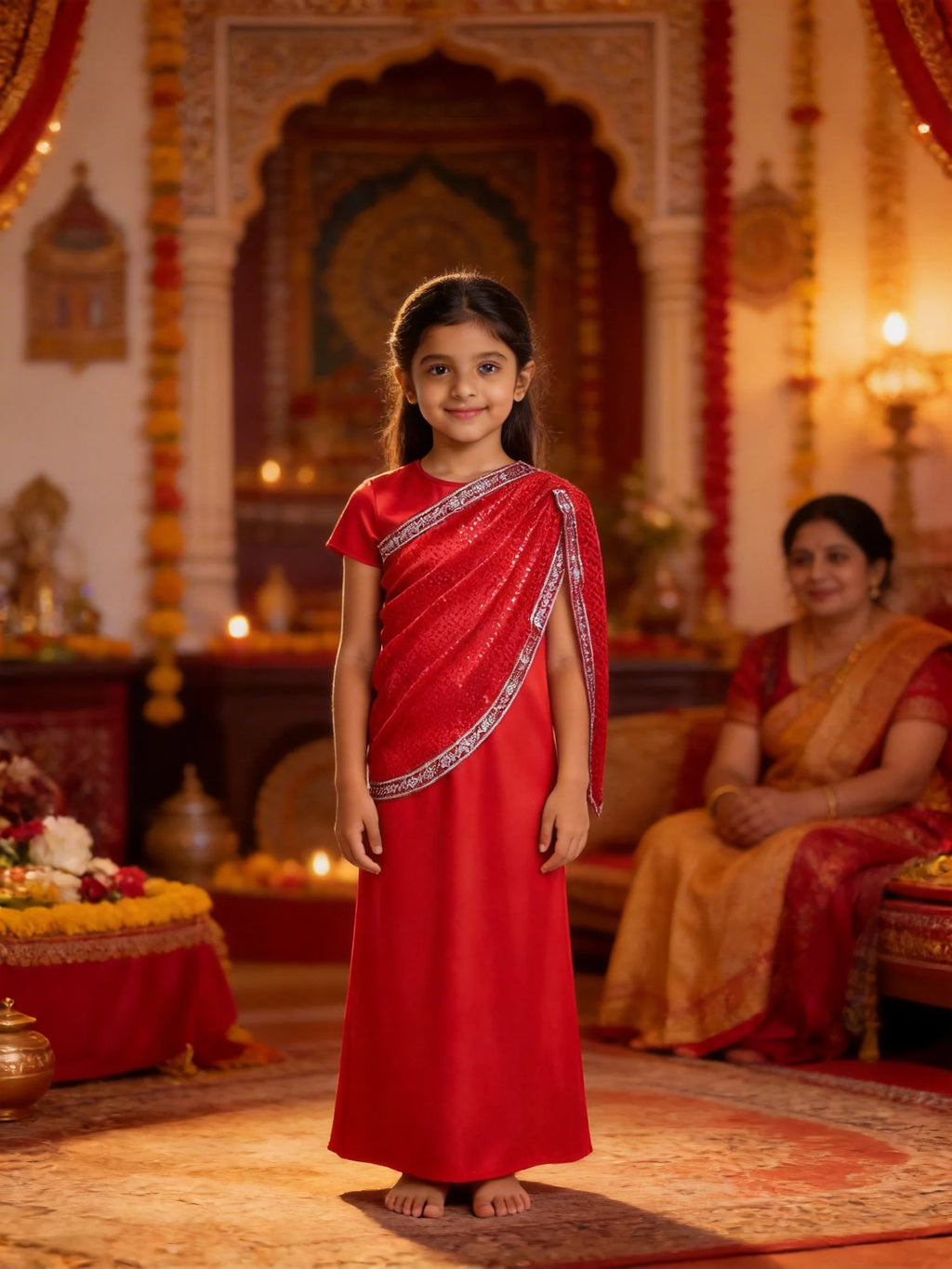 Kids Red Indian Traditional Saree Dress Girls Sequin Ethnic Gown Children Performance Costume for Diwali Wedding Festival Stage