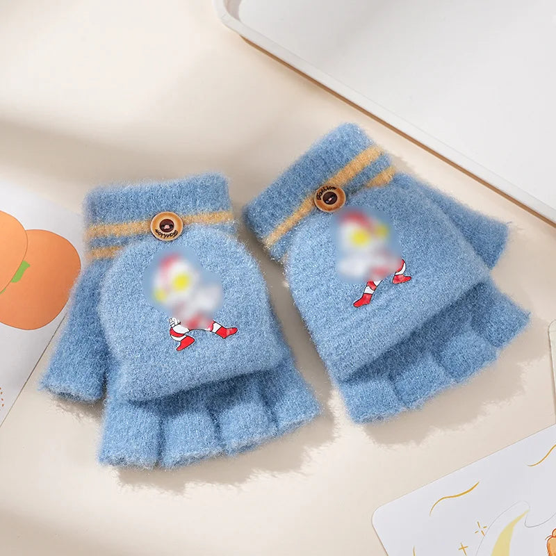 Children's Warm Gloves for Boys and Girls Cartoon Cute Half Finger Knitted Winter Flip Cover Baby Thick Cold Proof Five Fingers