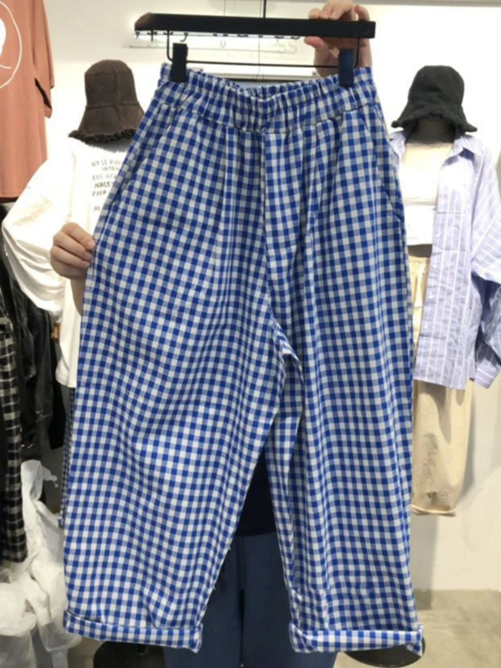 Summer Plaid Wide Leg Casual Pants High Waist Nine Points Faionable Loose Fit plus Size Women's Premium Quali Trousers