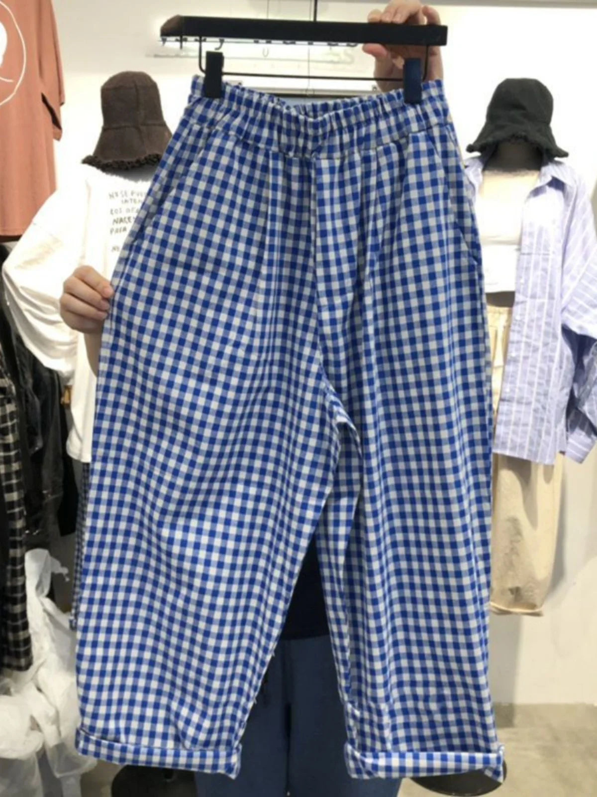 Summer Plaid Wide Leg Casual Pants High Waist Nine Points Faionable Loose Fit plus Size Women's Premium Quali Trousers