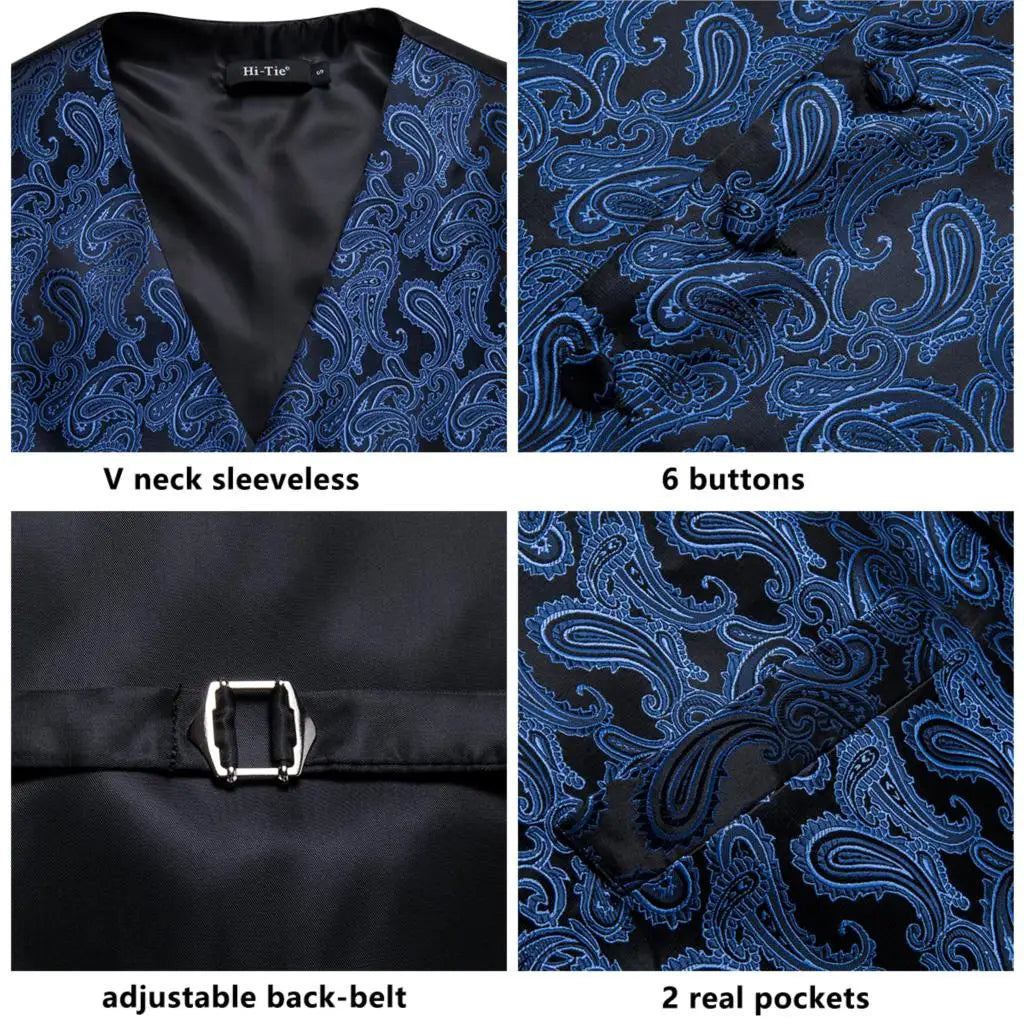 Hi-Tie Navy Paisley Dress Vest Set For Men Dark Blue Jacquard Men's Suit Vest Male Waistcoat For Wedding Formal Jacket
