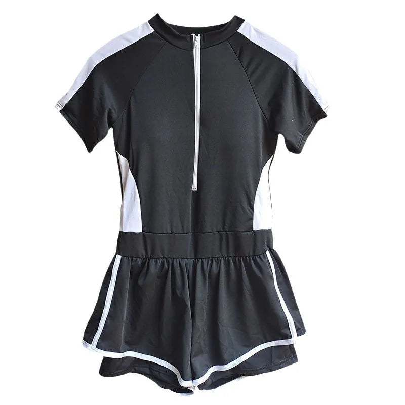Athletic Black Short Sleeve Two Piece Swimsuit with Zipper Front Contrast Stripe Sporty Swimwear for Beach Pool Vacation