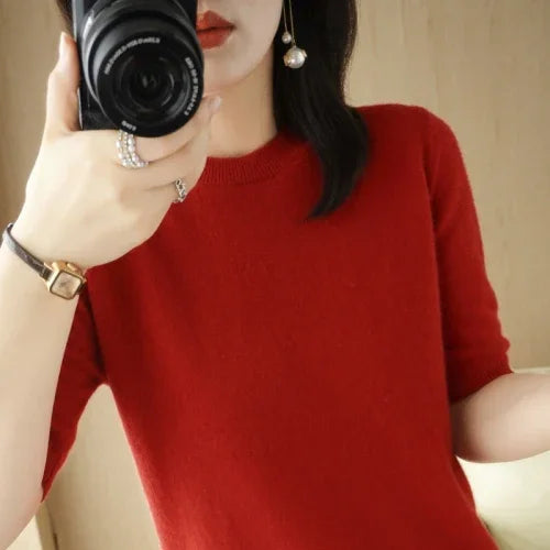 2025 Spring Summer Womens Sweater Short Sleeve O-neck Slim Fit Knitted Pullovers Bottoming Casual Knitwear Camel Pink Clothes