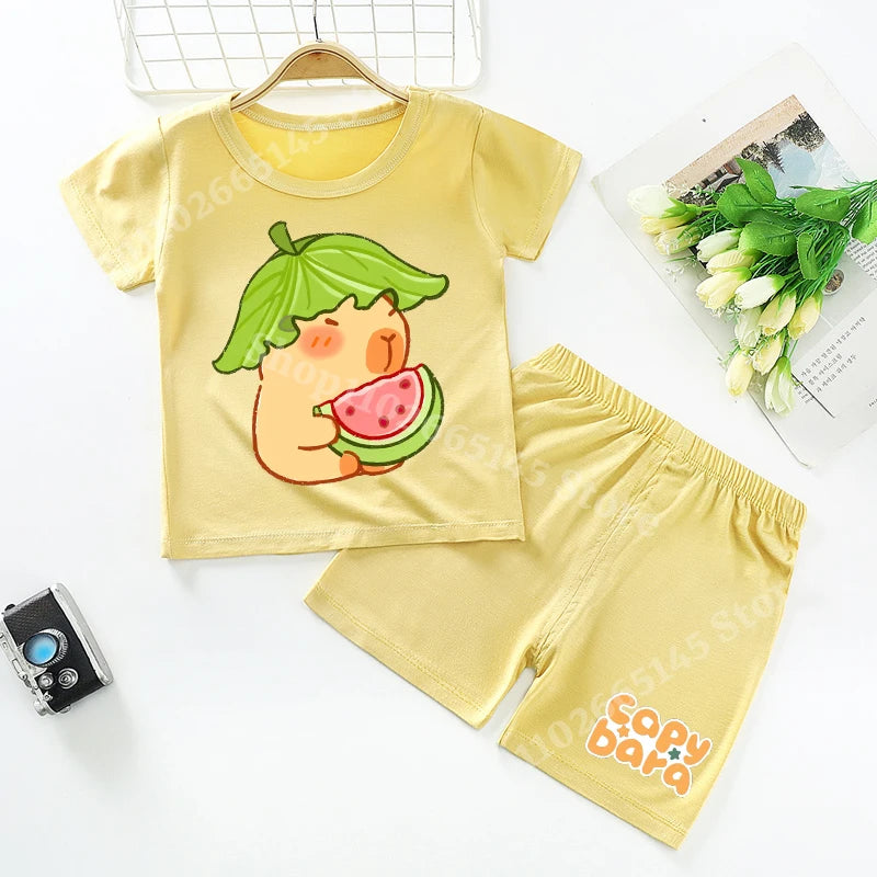 Capybara Kids Pajamas Shorts Set Summer New Capibara Home Clothes Boys Girls Anime Nightwear Pants Children Short Sleeve Gift