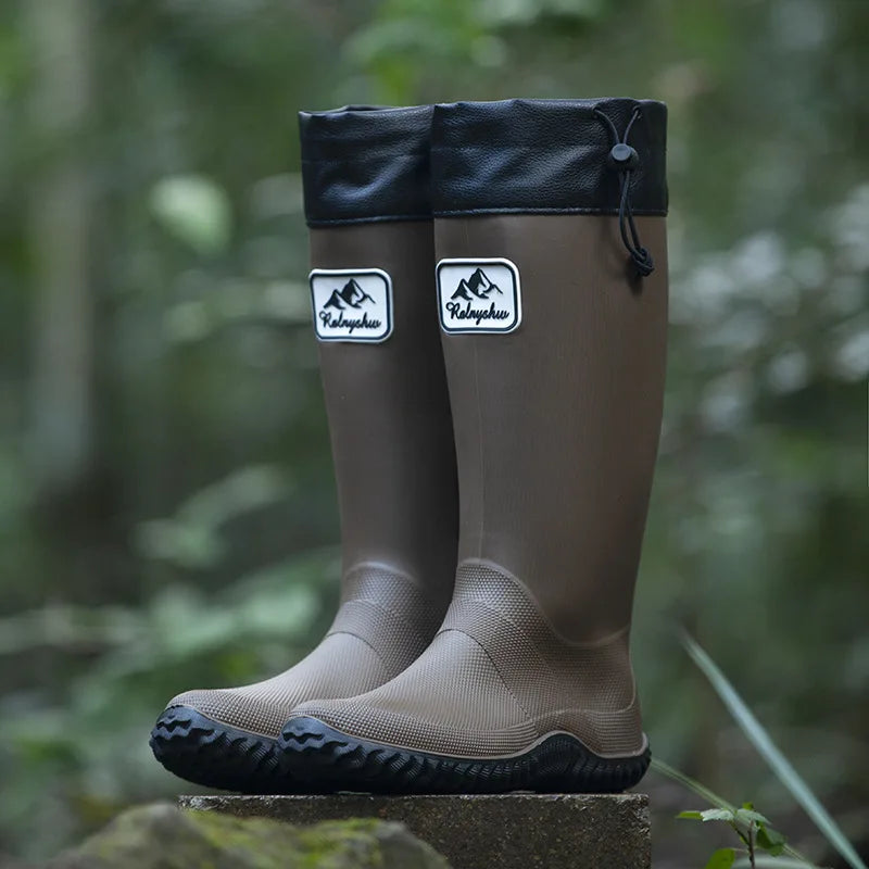 Rain Boots for Men Fashionable Igh-Top Rain Boots Outer Wear Long-Tube Waterproof Non-Slip Couple Style Outdoor Fishing Boots