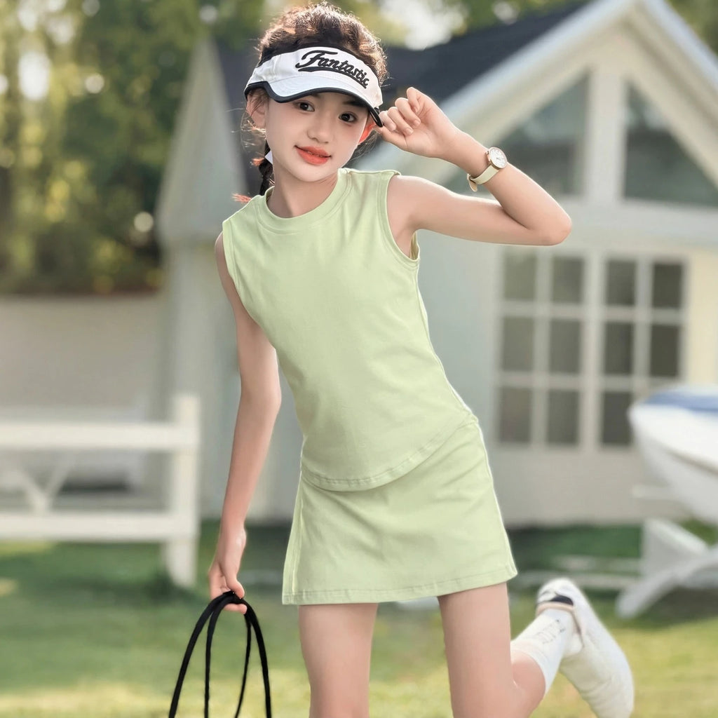 Girls Summer Sleeveless Set Sportswear Tennis Outfit 2026 New Casual Big Kids Skirt Pants Two Piece Set Thin