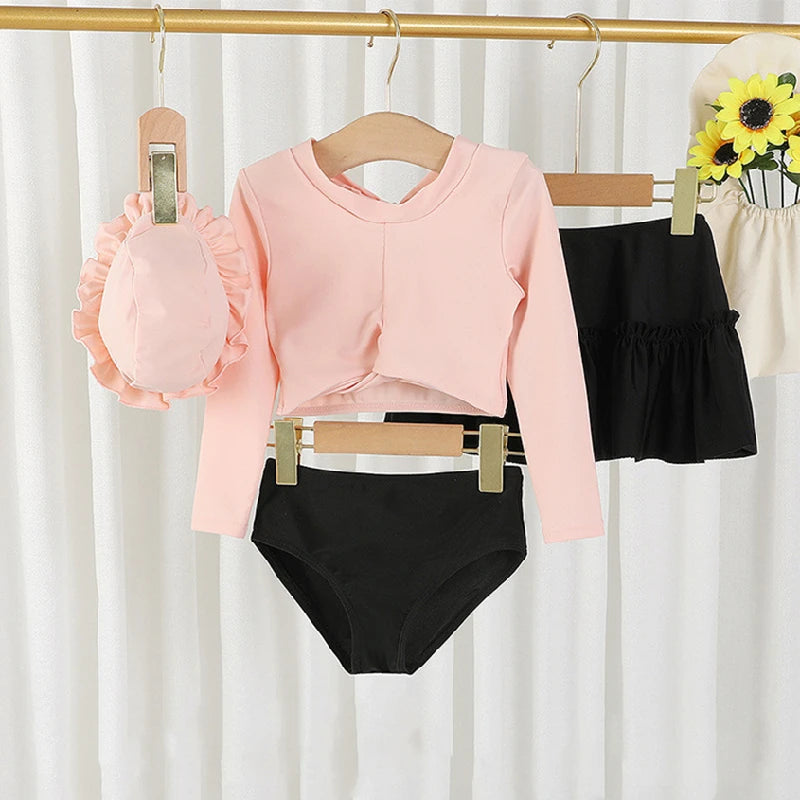 Children Clothes Girl Split Swimsuit Spring Summer Solid Long Sleeve Top Shorts Suit for Babies Fashion Kids Girls Swimwear