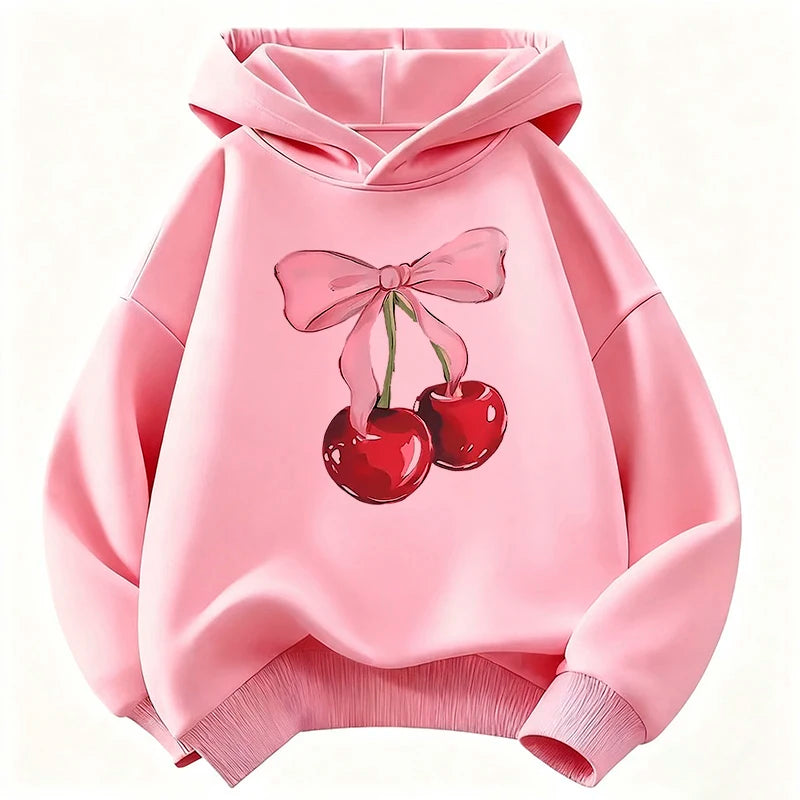 Kids Y2K Cherry Bow Hoodie Cute Print Sweatshirt Boys Girls Spring Autumn Casual Loose Tops