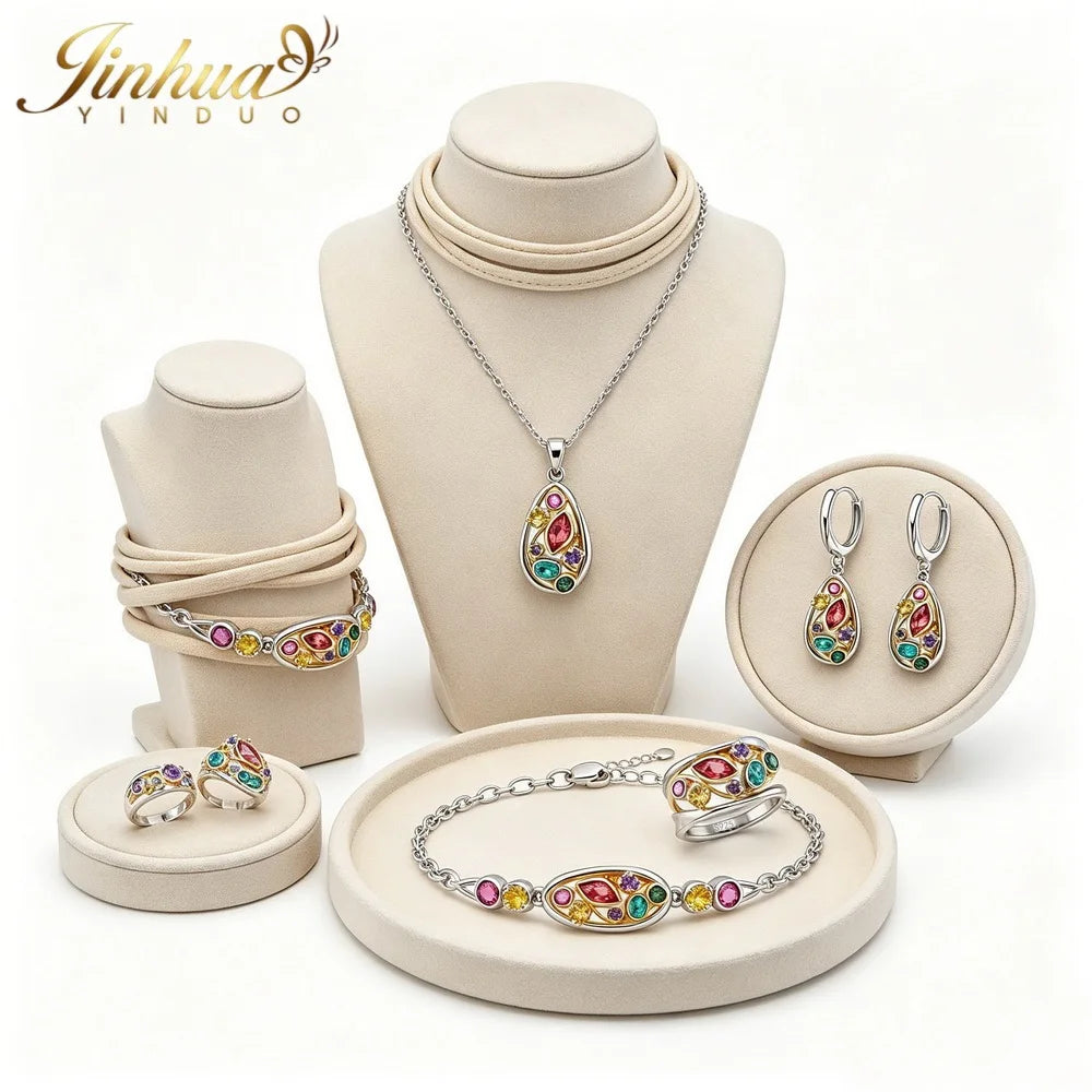 Wellness Jewelry Gift Set 925 Sterling Silver Women Improve Blood Circulation Natural Quartz Stone Bohemian Multicolor Crystals