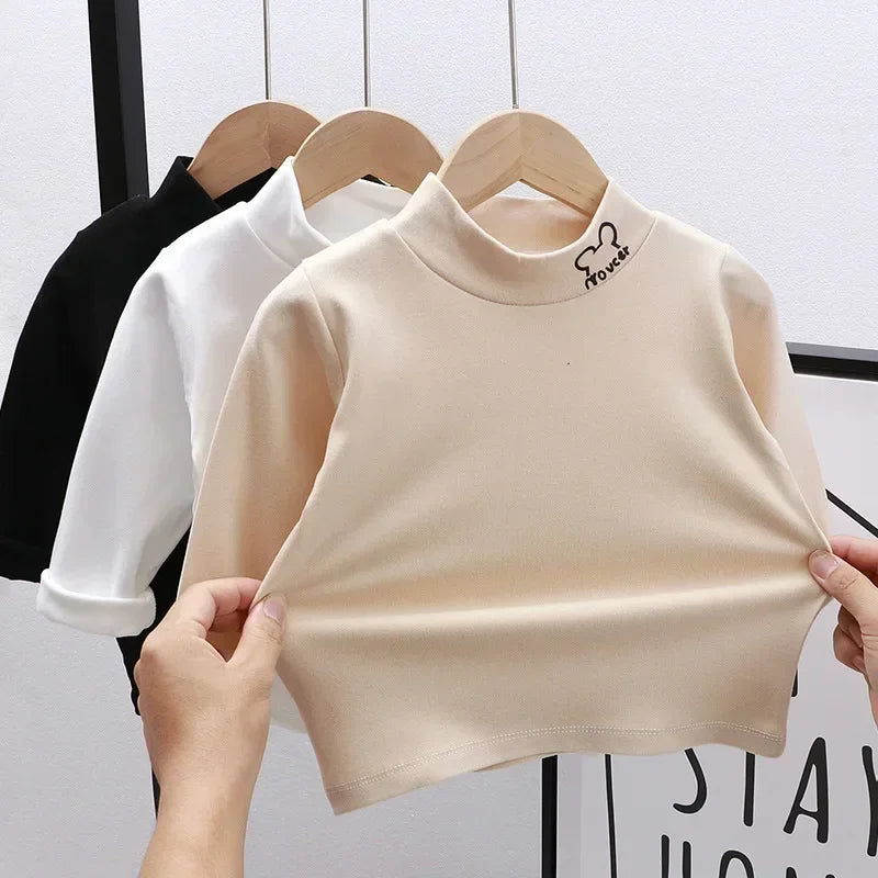 Children Clothing Girls Long Sleeve T-Shirt Soft Fabric Half-High Collar and Puff Sleeves Perfect for Play and School T-Shirts