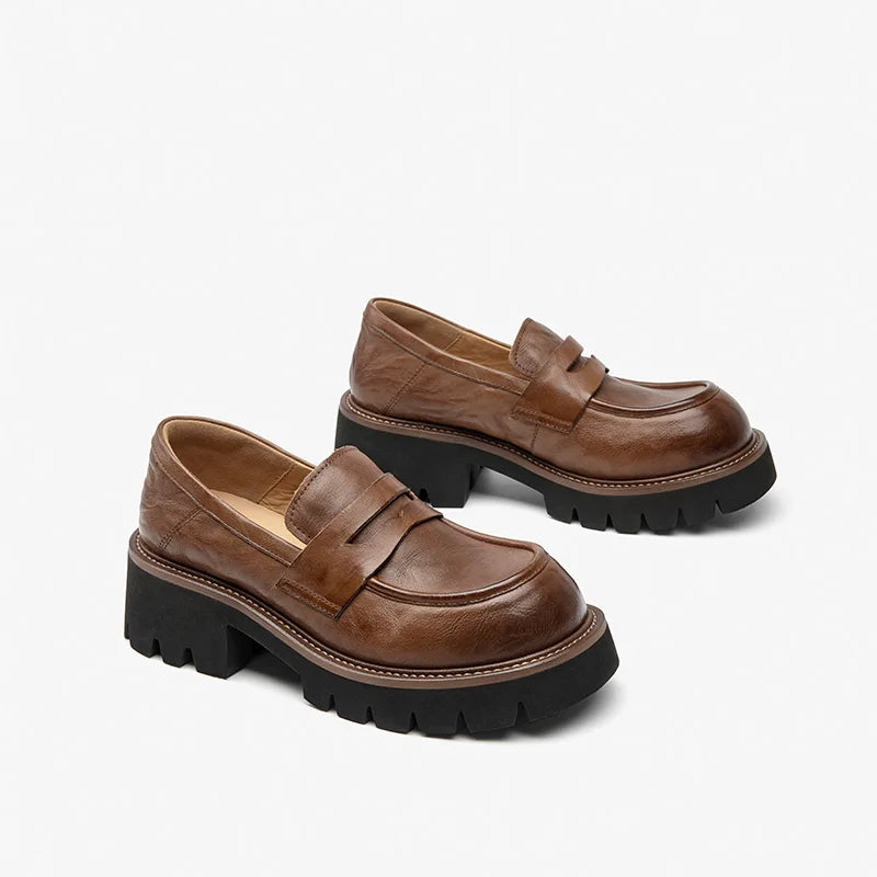 BEAUTODAY Platform Loafers Women Embossing Cow Leather Dress Shoes  Ladies Slip-on Flats Spring Autumn Handmade 26635