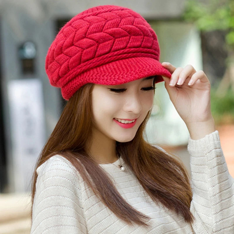 Women's Autumn/Winter Knitted Hat With Fleece Lining Stylish And Versatile Beret Outdoor Warm Hat