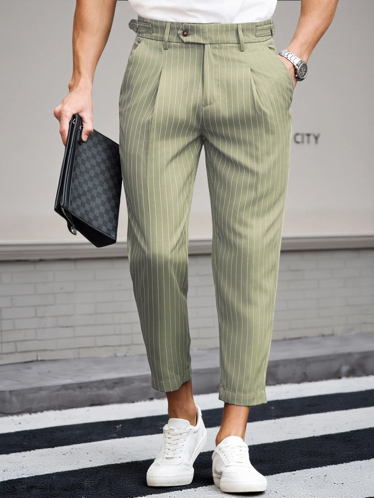 Men's Casual Vertical Striped Tapered Cropped Pants Gurkha High Waist Stretch Slim Fit Business Grey Navy Green Trousers
