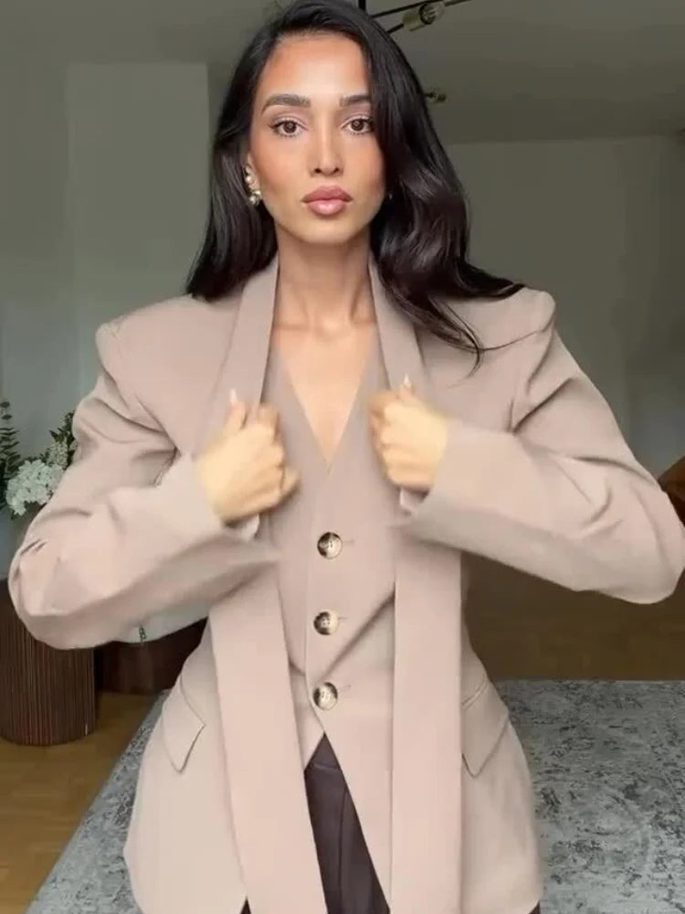 Solid Slim Women Blazer Coat Sexy V-neck With Scarf Long Sleeve Single-breasted Female Coats 2026 Spring Autumn Lady Jacket