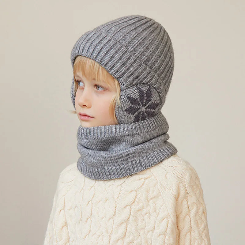 Kids Winter Knitted Hat Scarf Set for Boys Girls 2Pcs Fleece Lined Warm Earflaps Children Beanie Cap Neck Warmer for 4-10Y