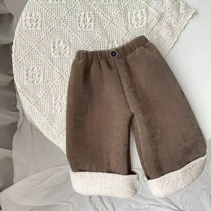 Kids Warm Pants Boy Girls Autumn Winter Corduroy Thick Outer Wear Sports Trousers 1-9Y Children Clothes Casual High Waist Pants