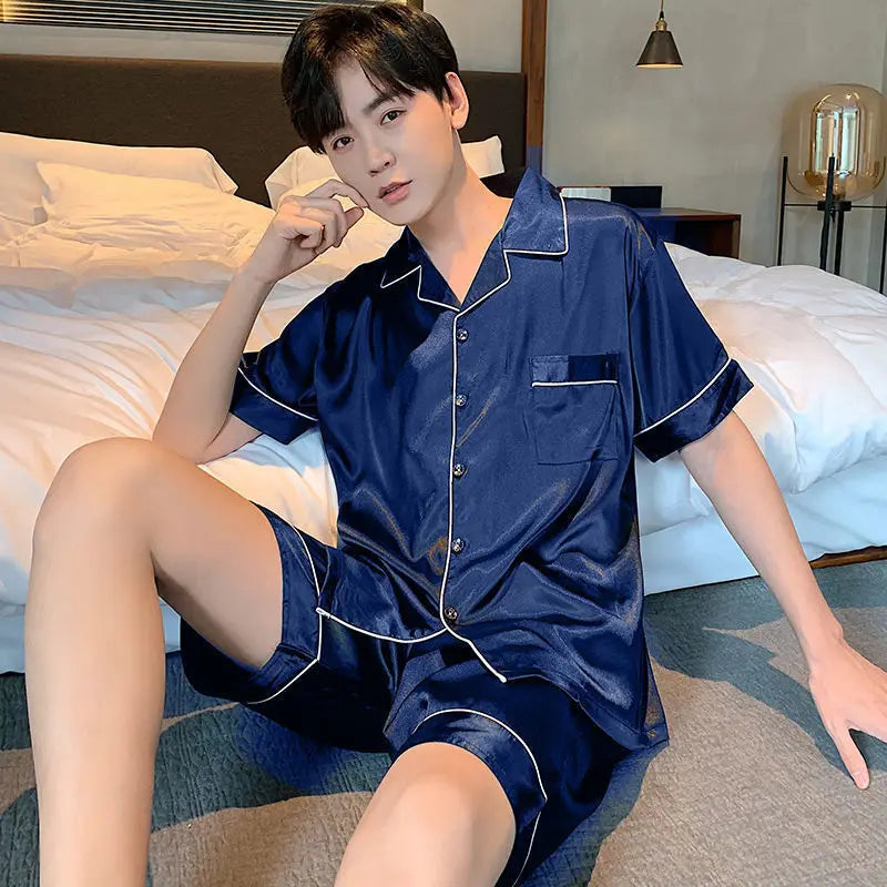 KIDWHXR Man Pajama Set Summer Single-breasted Shirt Male Loose Straight Shorts Men Ice Silk Comfortable 2-piece Sleepwear Outfit