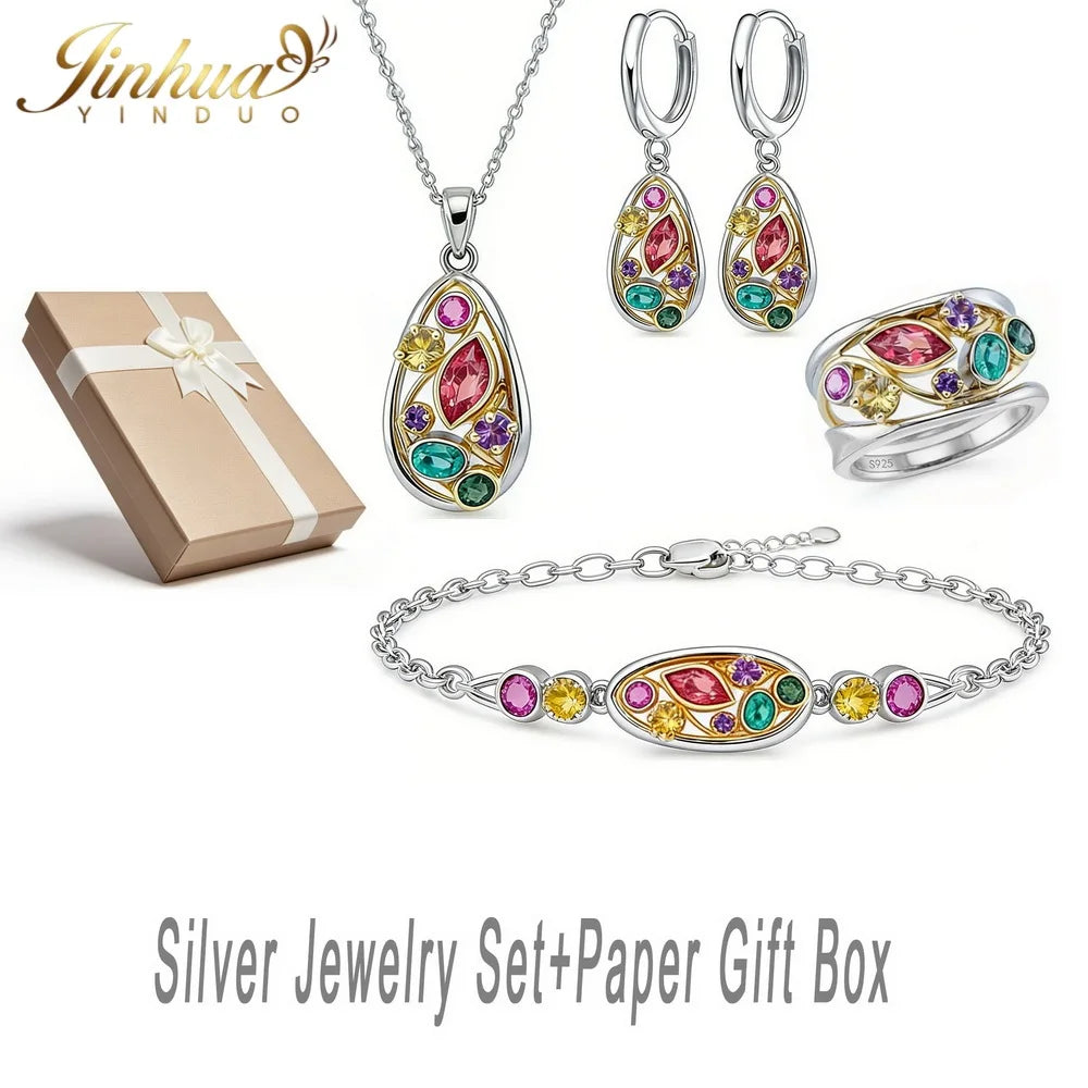 Wellness Jewelry Gift Set 925 Sterling Silver Women Improve Blood Circulation Natural Quartz Stone Bohemian Multicolor Crystals