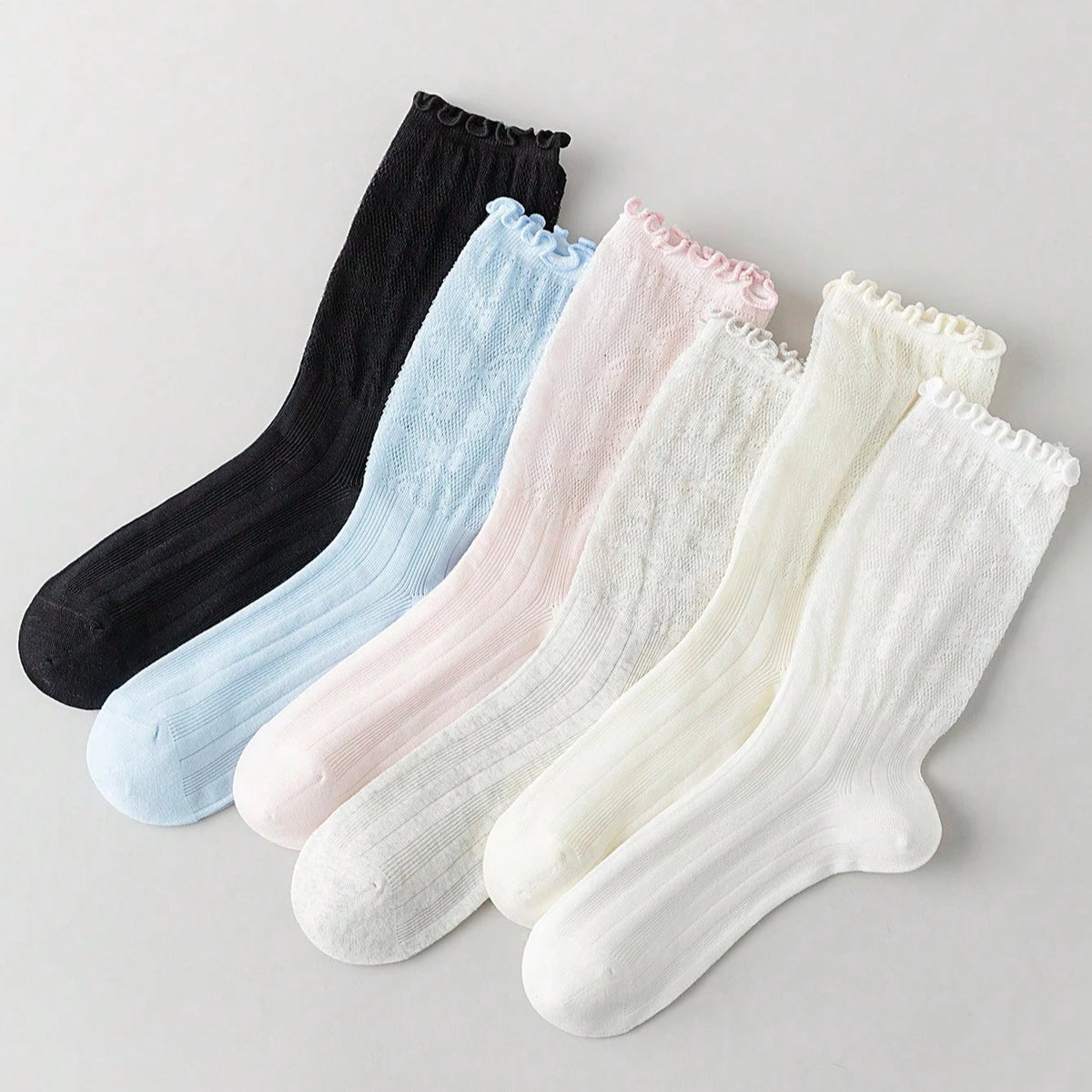 3 Pairs Women Socks Spring Summer Solid Color Thin Mesh Breathable Cute Lace Fashion Korean Style Long Socks for Women