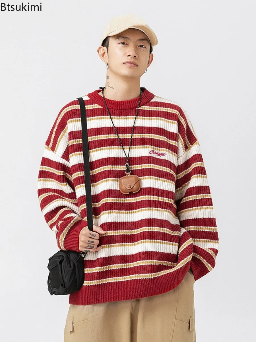 Vintage Striped Knitted Sweaters for Men Autumn Winter New Casual O-neck Embroidered Pullovers Street Style Couple Sweater Coats