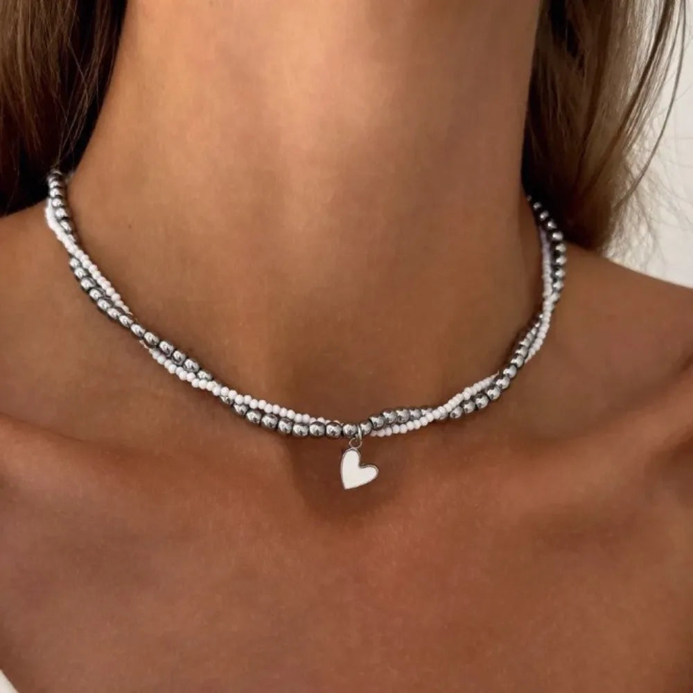 Fashion Y2K Love Heart Pendant Beaded Necklace for Women Multi-layer Chains Choker Decoration Party Gifts Jewelry Accessories