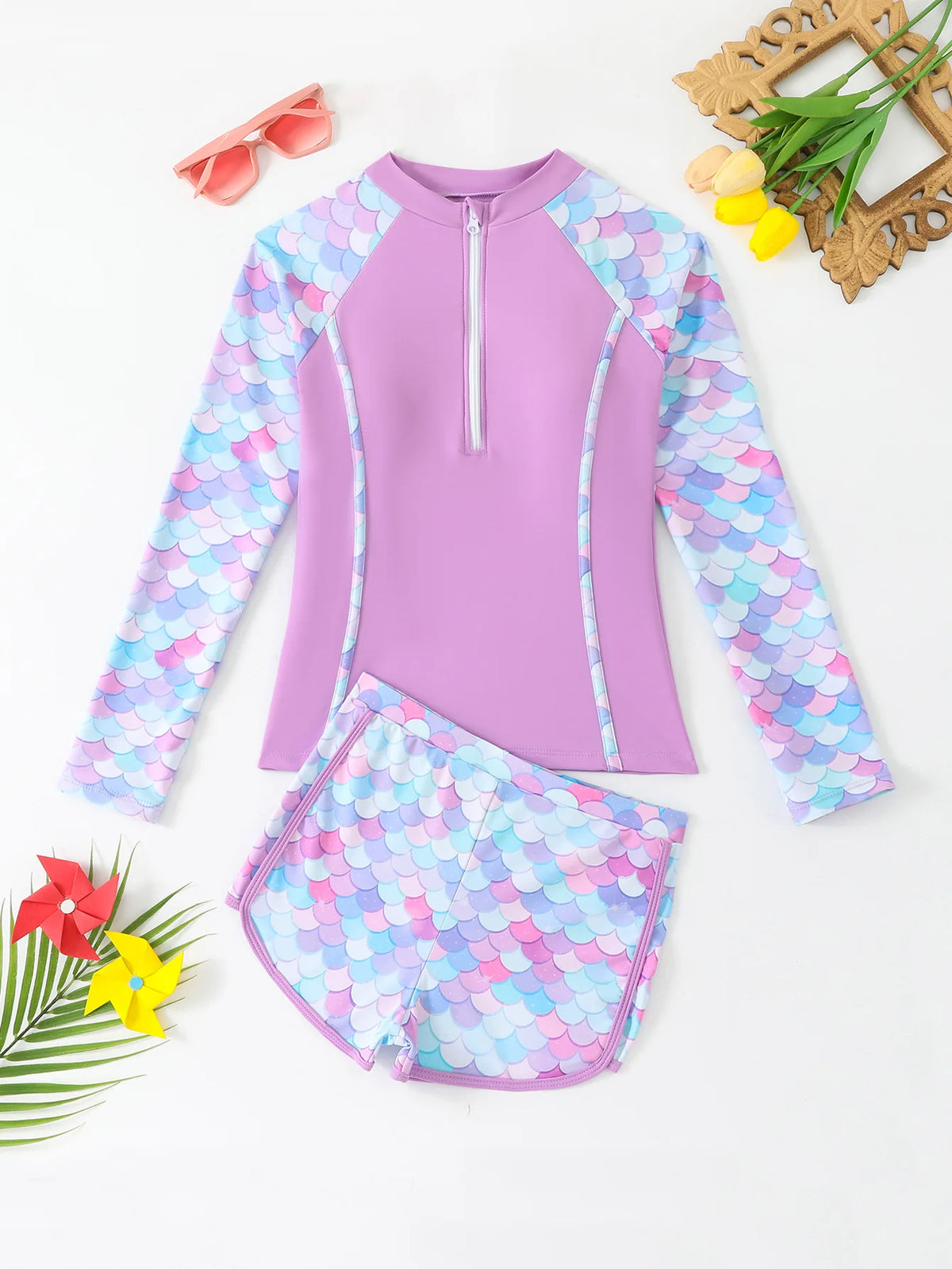 Girls Swimsuit 2025 Pink Long Sleeve Rash Guard Shirts Children Swimwear Summer Kids Beach Wear Shorts Quick-Dry Bathing Suit