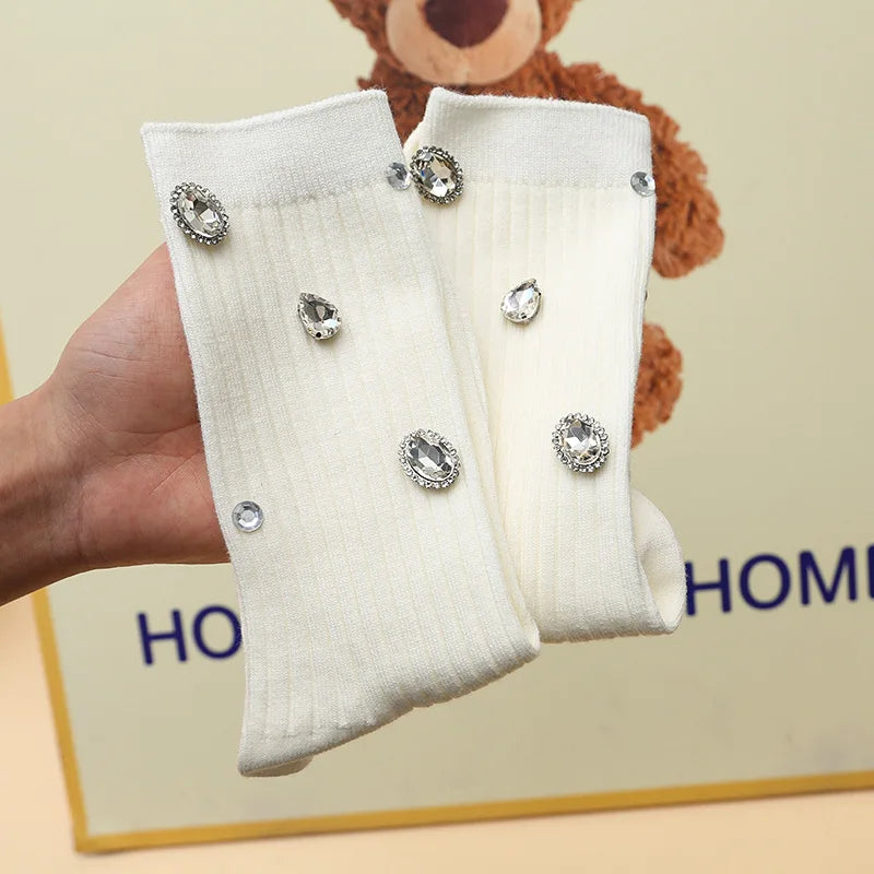 Women's Socks Korean Retro Cool Sweet Rhinestone Simple Versatile Shiny Comfortable High-quality Cotton Socks For Girl Wholesale