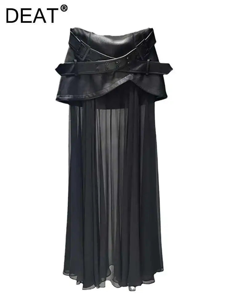 DEAT Women's Skirt Solid Color Patchwork Pu Leather Black Mesh Belt A-line High Waist Long Skirt Summer New Fashion 29L8139