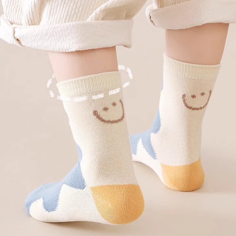 5 Pairs Cotton Solid Kids Boys Half Socks Letter Smiling Pattern  Comfotable Sweat Absorbing Elastic Socks for Children Girls