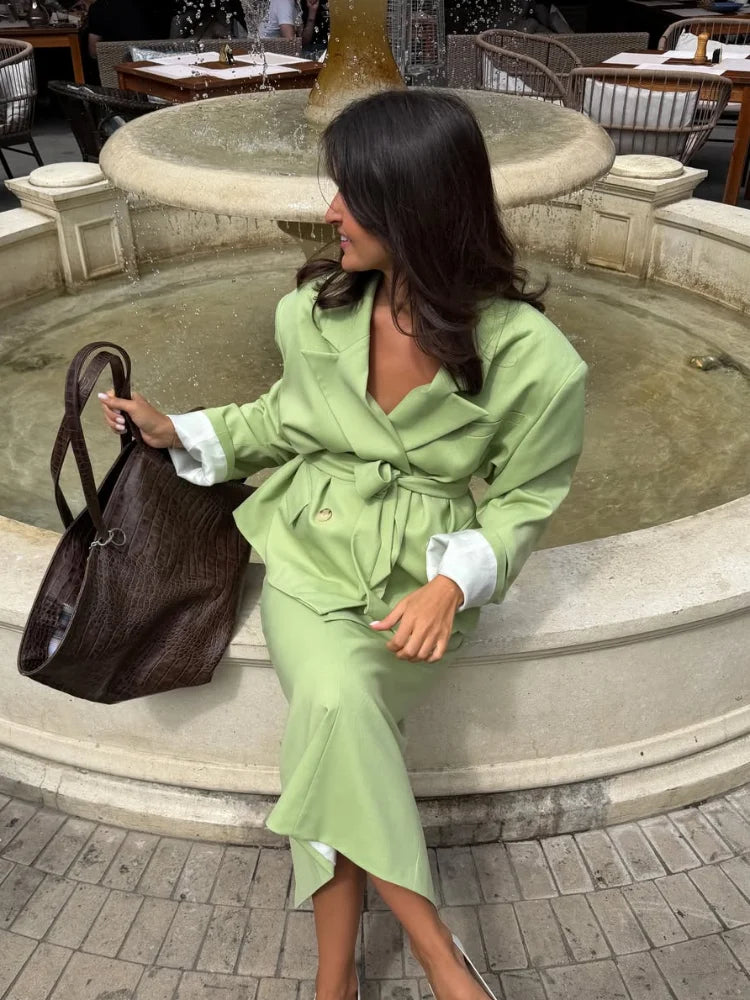 Elegant Solid Women's Blazer Skirts Suit Full Sleeve Lapel Belt Coat Slim Long Skirt Lady Set 2026 Autumn Office Green Set Lady