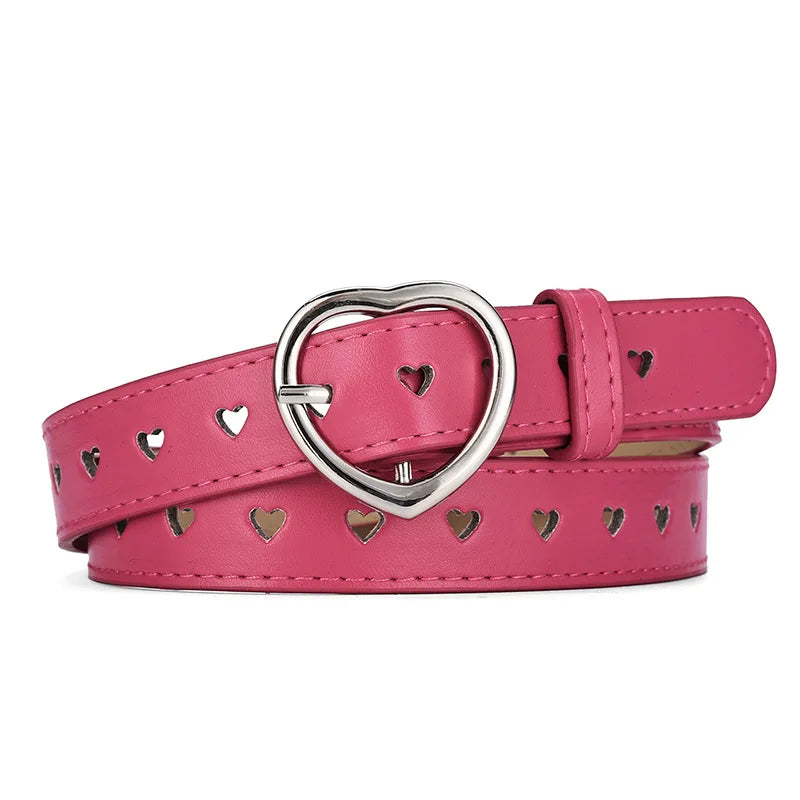 Children Leather Belt Cute Peach Heart Buckle Belts for Girls Solid Color Waistband Korean Fashion Love Heart Eyelet Waist Belt