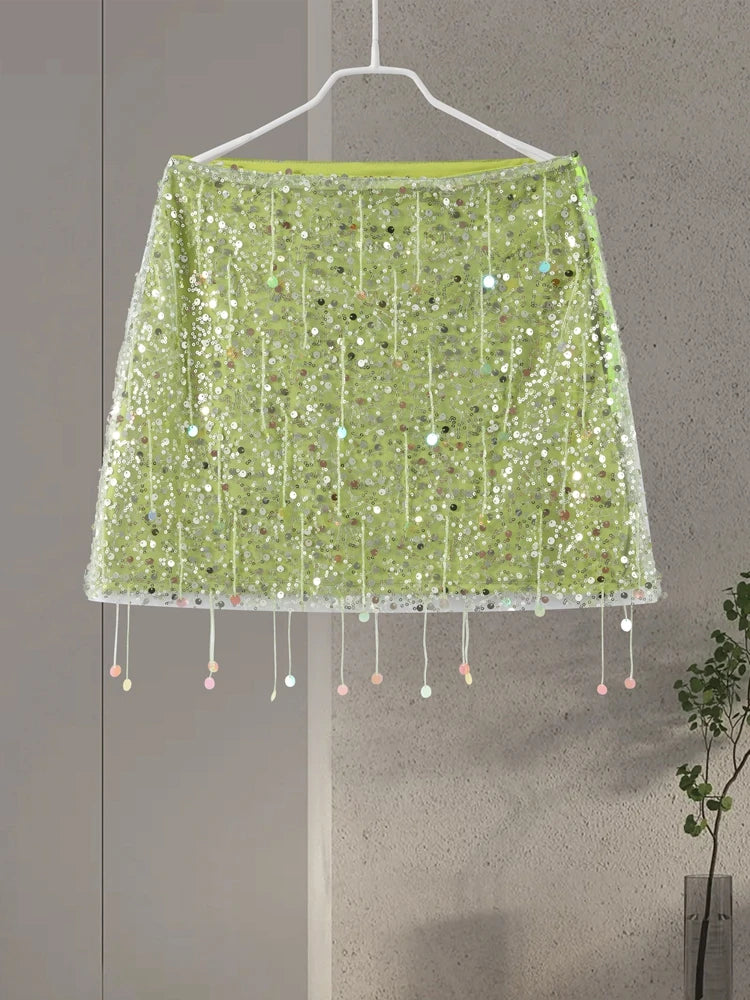 Sexy Beach Tassel Skirts Outfits Women Sequin Backless Sleeveless Shiny Ibiza Sets Female 2025 Spring Summer Chic Festival Suit