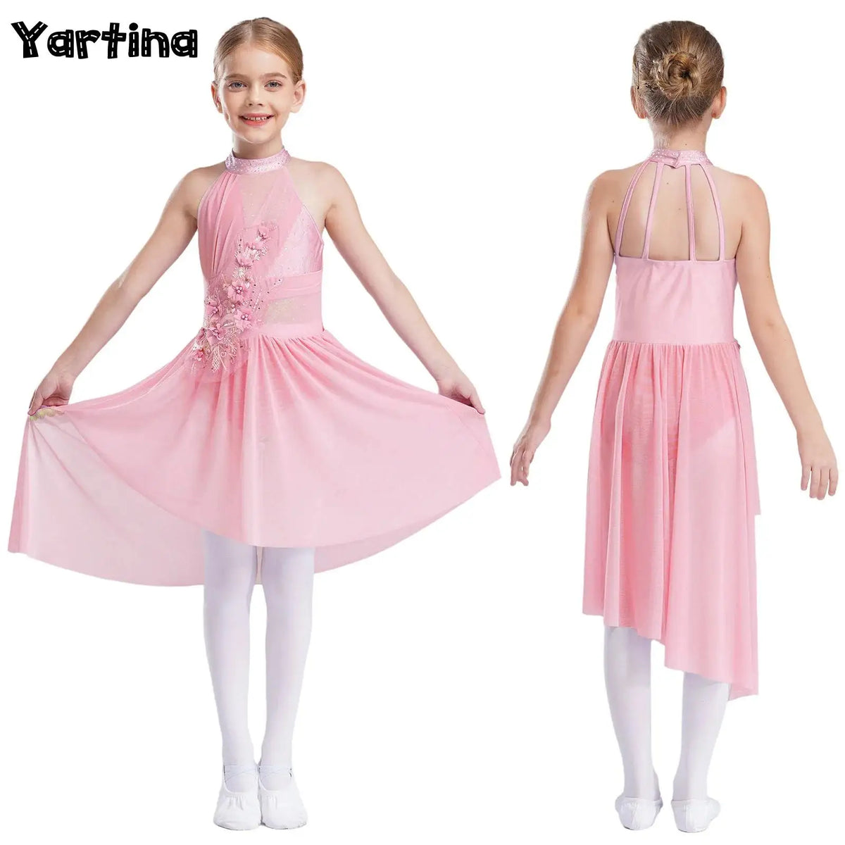 Kids Girls Ballet Lyrical Contemporary Dance Dresses Gymnastics Artistic Skating Costume Shiny Sparkly Rhinestones Tutu Dress