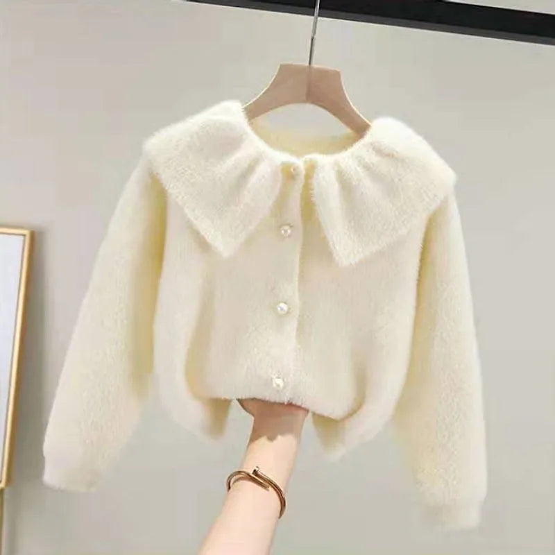 2025 New Spring/Fall Kids Korean Style Lightweight Mink Cashmere Sweater Cardigan for Girls - Stylish Thin Knit Jacket