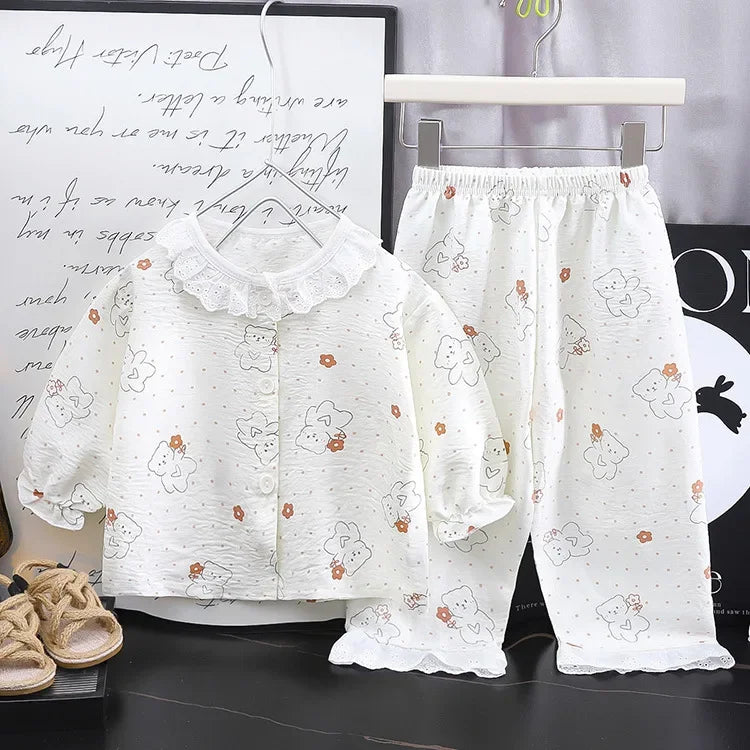 Girls Kids Home Clothes Set New Loose Thin Baby Pajamas Fashion Lace Floral Princess Children Air Conditioner Long Sleeve+Pants